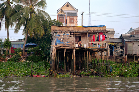 Can Tho, Vietnam - April 2, 2016: Unidentified people on Cai Rang floating market in the Mekong Delta river selling fruit and vegetableのeditorial素材