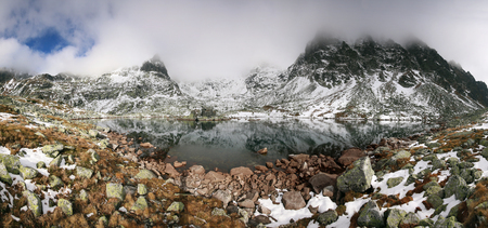 Beautiful mountain lake in High Tatras National Park  with reflection snow covered mountains. Slovakiaの写真素材