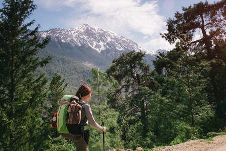 Hiker on the background of Tahtali mountain on a sunny dayの写真素材