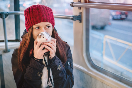 Sensual young woman with long hair hugging her pet ferret on a tram.Woman and a pet concept.の写真素材