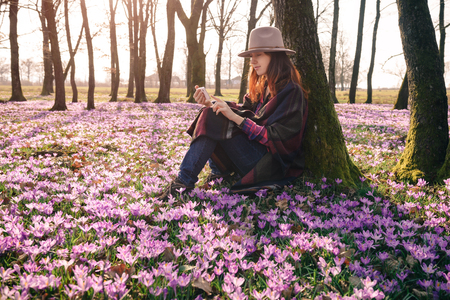 Beautiful red hair girl in a hat, sitting on the ground next to the tree in the morning forest, surrounded by blooming Spring crocuses, taking pictures on her mobile. Inspiration and travel concept.の写真素材
