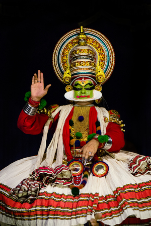 Cochin, India - January 23, 2016: Kathakali performance in Cochin Kochi temple festival. Indian Kathakali dancer, Kerala, Fort Kochi. Kathakali is one of the oldest classical dance forms of Kerala and known asのeditorial素材