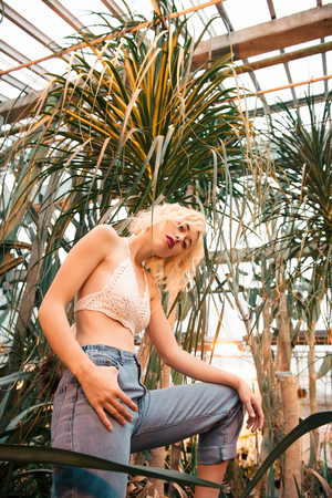 Young perky blonde model with perfect body shape, clad in sexy white top and jeans, teasing camera with lingering glance. Posing among palm trees in a greenhouse. Low angle view.の写真素材