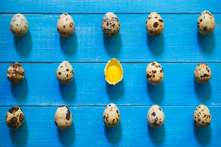 Raw quail egg collection on blue backgroundの写真素材