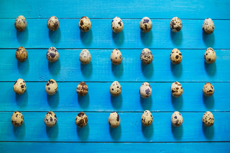 Raw quail egg collection on blue backgroundの写真素材