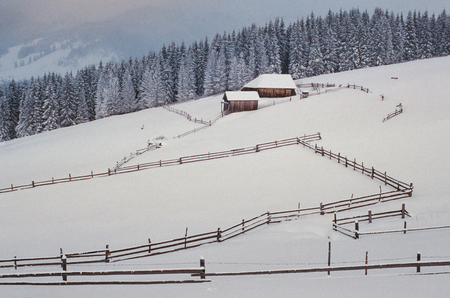 Ukrainian village high in mountains covered with snow carpet, landscape. Shot on film camera with noise and grainの写真素材