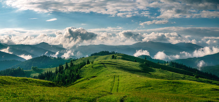 Beautiful landscape of green hills high in mountains and chubby clouds in the sky in Summer. The Carpathians, Ukraine. Wanderlust travel concept.の写真素材