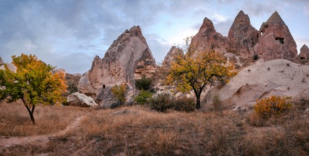 Autumn color tree in beautiful Cappadocia mountain landscape, Turkeyの写真素材