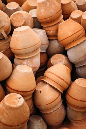 Close up of heap of clay pots in Goreme, Cappadocia. Turkey traditional ceramic.の写真素材