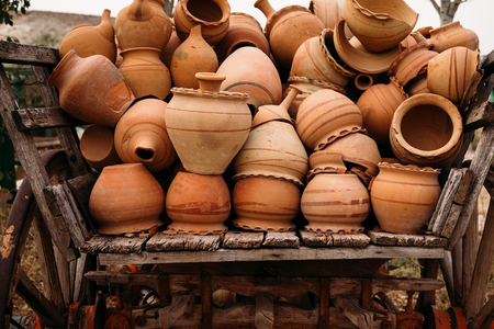 Turkish traditional clay pot decoration on the wheel in Cappadocia with Goreme landscape backgroundの写真素材