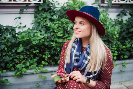 Beautiful blonde hair woman enjoy spring in green park at Istanbul city, Travel to Turkeyの写真素材