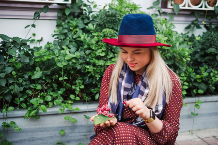 Beautiful blonde hair woman enjoy spring in green park at Istanbul city, Travel to Turkeyの写真素材