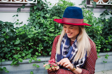 Beautiful blonde hair woman enjoy spring in green park at Istanbul city, Travel to Turkeyの写真素材