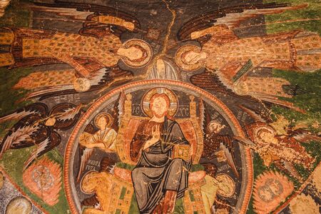Goreme, Turkey - April 10, 2017: Christian fresco in ancient cave church of Rose Valley in Cappadocia mountain landscape. Travel in Turkeyのeditorial素材