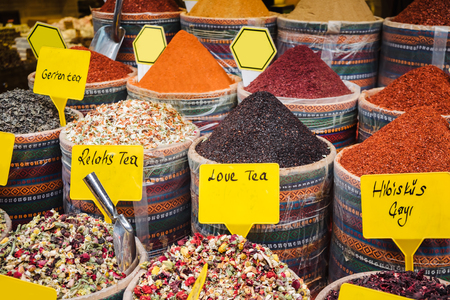 Egyptian bazaar with heap of traditional herbal tea in Istanbul, Turkeyの写真素材
