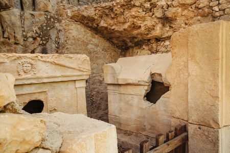 Sarcophagus of captain Eudemos in ancient Lycia turkish city and Olympos ruins near Cirali beach, Travel to Turkeyの写真素材