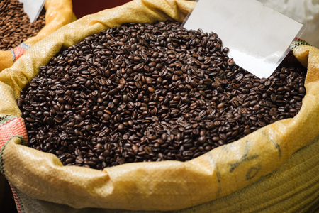 Roasting of fresh coffee beans on Egyptian spice market in Istanbul, Turkeyの写真素材