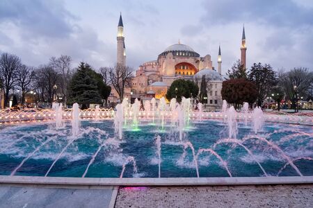 Beautiful view on Hagia Sophia Mosque at night, famous christian Landmark, Travel to Istanbul, Turkeyのeditorial素材