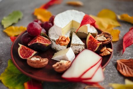Taste motives and mood. Set of cheese in autumn leaves with honey, fruit and herbal on dark and gray stone backgroundの写真素材