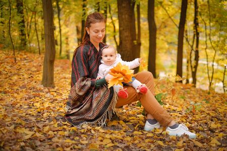 Baby sitting on mother knee and playing with yellow leaves while walking in autumn forest parkの写真素材