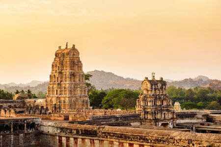 Architecture of ancient ruins of temple in Hampi, Karnataka, Indiaの写真素材