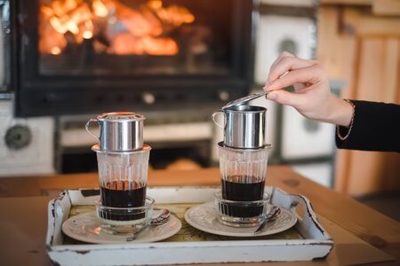 Making alternative vietnamese coffeeの写真素材