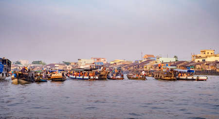 Cai Rang floating market in Vietnam at sunsetのeditorial素材