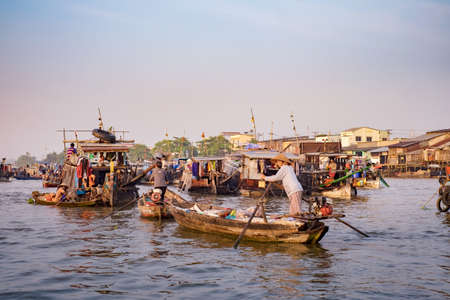 Cai Rang floating market in Vietnam at sunsetのeditorial素材