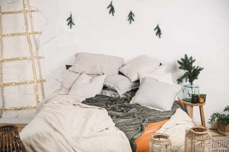 Modern Christmas interior of bedroomの写真素材