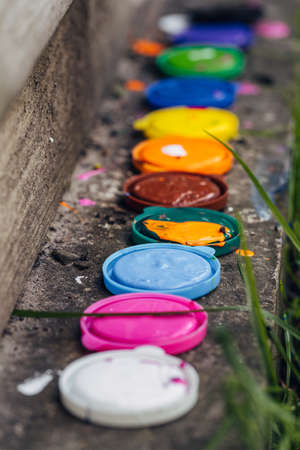 Colorful paints bottle in perspectiveの写真素材