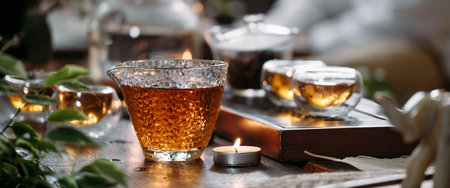 Beautiful chinese tea in teacup with candle flame decorationの写真素材