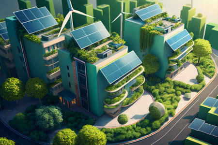 Modern green city in eco concept with solar panels and wind generatorsの素材