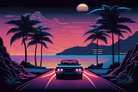 Retro car on road at night with neon 80s styleの素材