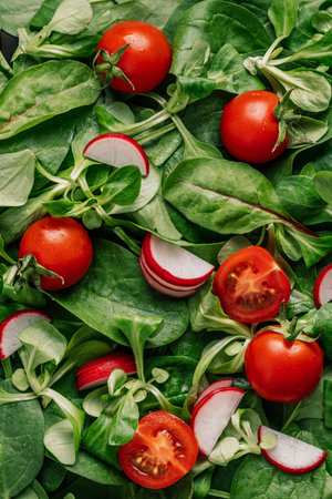 Greenery leaves and Salad Ingredients - Top Viewの写真素材