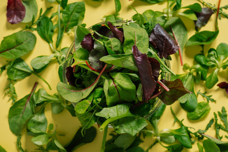 Healty food. Green leaves on a yellow tableの写真素材