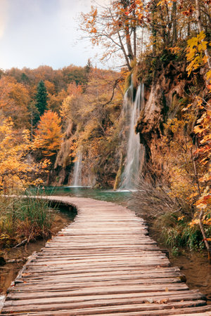 Plitvice forest lakes and waterfalls in autumn. Shoot on filmの写真素材