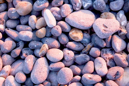 about 50 grey pebbles on beach at sunset, pink glow from the sunset on some of the pebbels, soft shadows, shape and form, overhead view point.の写真素材