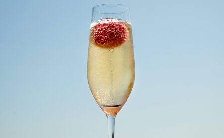 A glass of cold champagne with a red strawberry fizzing in it the background is a light blue sky,...