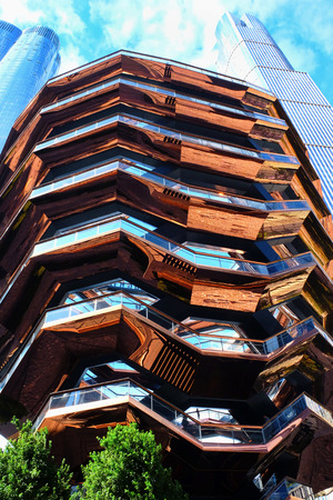 New York - October 10, 2019: The Vessel, the exterior of the structure, the elaborate honeycomb like structure rises 16 stories, 154 flights of stairs and 2,500 steps and 80 landings for visitors to climb, in Hudsonâs Yard, Manhatten.のeditorial素材