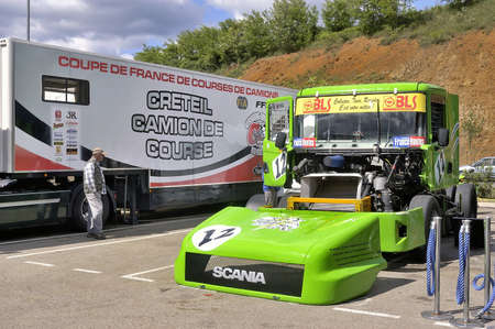 Ales - France - Grand Prix of France trucks May 25th and 26th, 2013 on the circuit of the Cevennes. workshops of mechanics for the assistance of the trucks. のeditorial素材