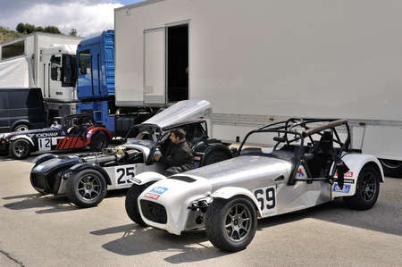 chases of Caterham on the circuit of the Cevennes with Ales in the French department of Gard the May 24th and 25th, 2013. The Caterham standsのeditorial素材