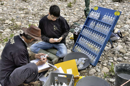 Cardet - France - May 18th, 19th and 20th, 2013 - European Cup of the gold diggers in river. controller labelling the bottles in the name of each concurentsのeditorial素材