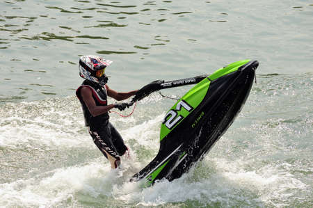 Ales - France - on July 14th, 2013 - Championship of France of Jet Ski on the river Gardon. preparing before the raceのeditorial素材