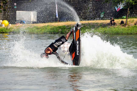 Ales - France - on July 14th, 2013 - Championship of France of Jet Ski on the river Gardon. lifting category or freestyleのeditorial素材