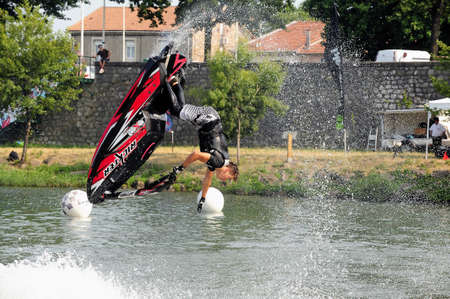 Ales - France - on July 14th, 2013 - Championship of France of Jet Ski on the river Gardon. lifting...