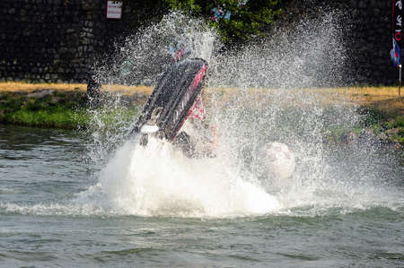 Ales - France - on July 14th, 2013 - Championship of France of Jet Ski on the river Gardon. lifting category or freestyleのeditorial素材