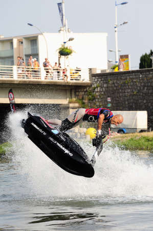 Ales - France - on July 14th, 2013 - Championship of France of Jet Ski on the river Gardon. lifting category or freestyleのeditorial素材