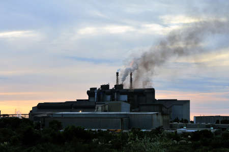 French steel-works of Fos on sea beside Marseille with fallen the night のeditorial素材