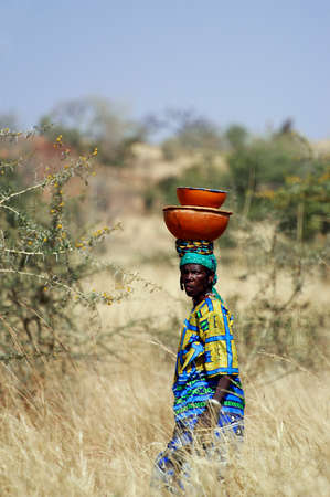 the African women carrying heavy loads sometimes on their heads over long distances through the bushのeditorial素材
