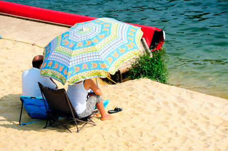 Beach every summer Ales mounted on the banks of the River Gardon where locals can come and spend time at the waterのeditorial素材
